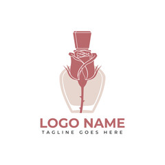 Elegant rose perfume bottle logo, ideal for skincare, beauty, or fragrance brands seeking a modern, sophisticated aesthetic with a touch of floral romance