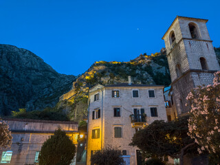 Fototapeta premium Moonlit serenity in Kotor, Montenegro: A historic stone bell tower and illuminated fortress walls rise against rugged mountains, framed by blooming oleanders under a crescent moon.