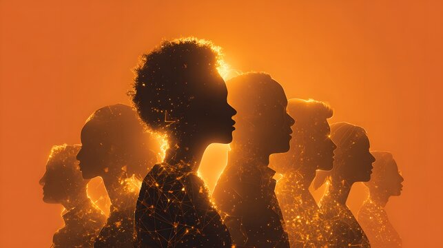 Silhouettes of diverse individuals illuminated by bright, glowing light against an orange background