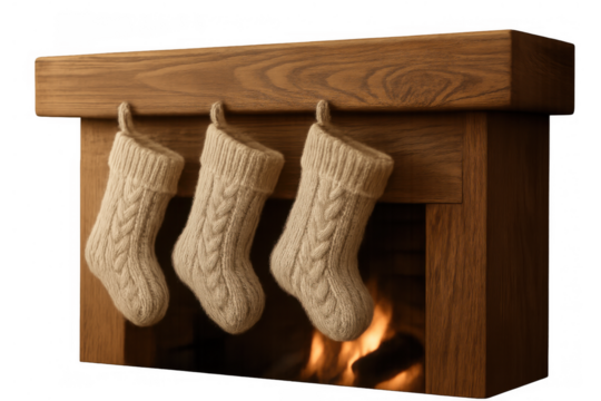 Knitted christmas stockings hanging on a wooden fireplace mantel with a cozy fire burning, celebrating holiday traditions, transparent background