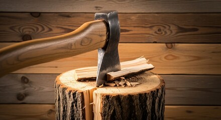Axe embedded in a wooden stump with a wooden background.