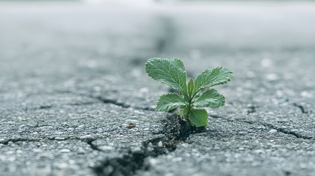 Young green plant growing through a crack in dark pavement surface