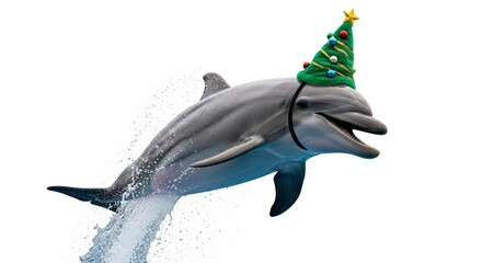 Fototapeta premium dolphin wearing a Christmas tree hat, holiday animal graphic, on a white background