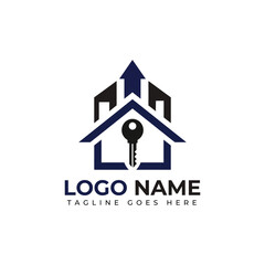 Unlock your dream home with this modern real estate logo featuring a key and upward arrow, perfect for property agents.