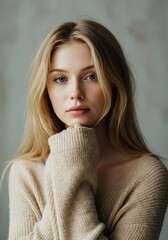 Beautiful Young Woman with Long Blonde Hair Posing in a Cozy Sweater.
