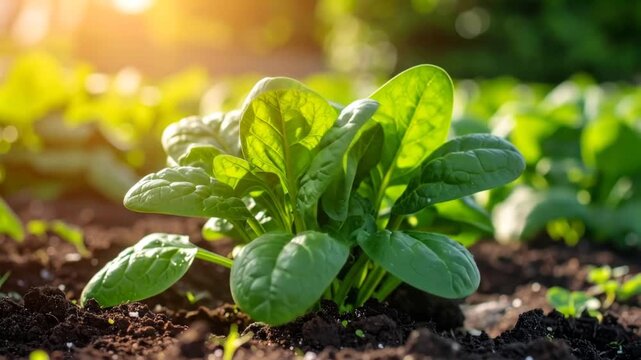 A healthy spinach plant thrives in rich soil, illuminated by the sun's warm, inviting light
