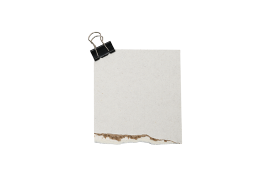 Torn white paper sheet with black binder clip isolated on transparent background, ripped textured note for messages,