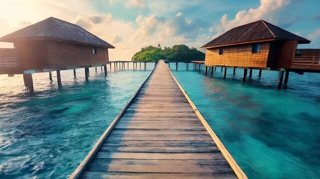 Aerial view of wooden huts on stilts in clear turquoise waters during sunset, with a wooden pier extending into the ocean. The sky is painted with soft hues of orange and blue.