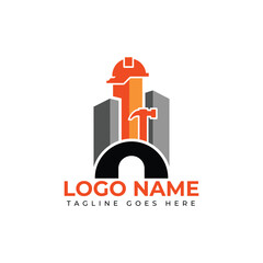 Professional construction logo featuring a hard hat, hammer, and modern buildings, perfect for corporate branding and industry identity.
