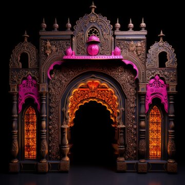 Door Design Indian and Arabic Style Pink Golden Yellow Black Background Color LED Wall VJ Created with Generative AI Technology