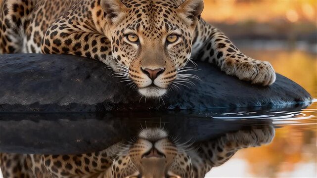 Leopardo  majestuoso  acostado sobre una roca oscura y lisa al borde de un cuerpo de agua tranquilo