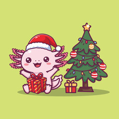 Cute Axolotl in Santa Hat Holding Gift Beside Christmas Tree . Vector Illustration 