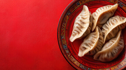 Naklejka premium Dumplings arranged on a red plate ready to eat