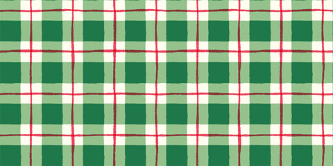 Hand Painted Green and Red Christmas Check Seamless Vector Pattern, Cute Wavy Plaid Background for Holiday Designs