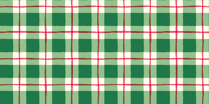 Hand Painted Green and Red Christmas Check Seamless Vector Pattern, Cute Wavy Plaid Background for Holiday Designs