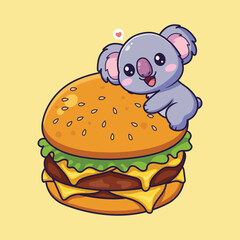 Cute Koala Hugging Giant Cheeseburger with Heart Bubble . Whimsical Vector Illustration for Food and Animal Themes