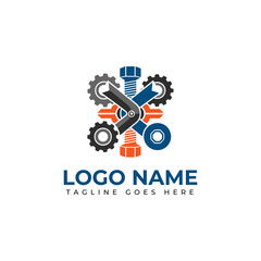 Dynamic industrial logo featuring gears, bolts, and wrenches symbolizing engineering and mechanical expertise for corporate branding.