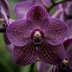 Close up of a beautiful deep purple Vanda orchid with intricate patterns.
