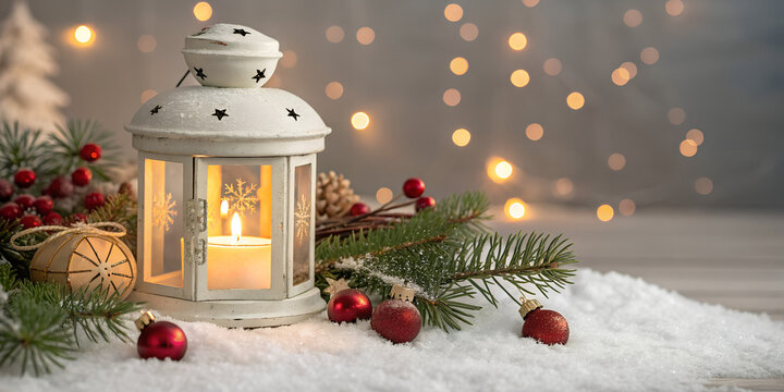 Christmas lantern with burning candle and festive decorations on snow. Cozy winter background with pine branches, red ornaments, and bokeh lights. - Powered by Adobe
