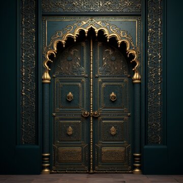 Door Design Indian and Arabic Style Green Door Simple Black Background Color Created with Generative AI Technology