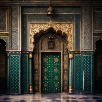 Door Design Indian and Arabic Style Green Door Simple Black Background Color Created with Generative AI Technology