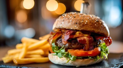 Gourmet bacon cheeseburger served with golden french fries on a dark platter