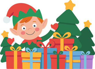 Cheerful Christmas elf surrounded by colorful gifts and decorated trees celebrating joy