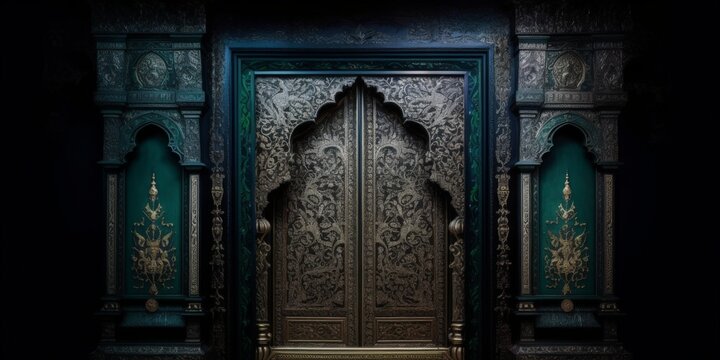 Door Design Indian and Arabic Style Green Door Simple Black Background Color Created with Generative AI Technology