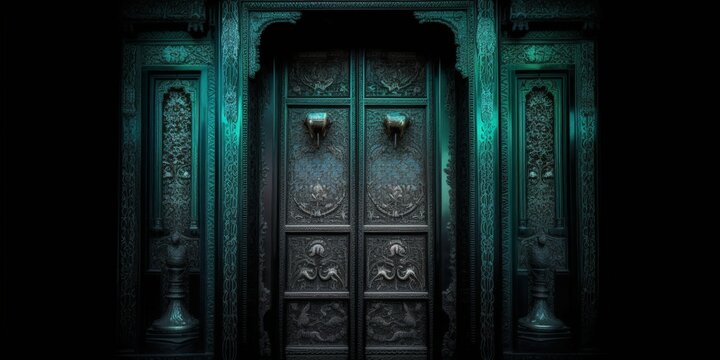 Door Design Indian and Arabic Style Green Door Simple Black Background Color Created with Generative AI Technology