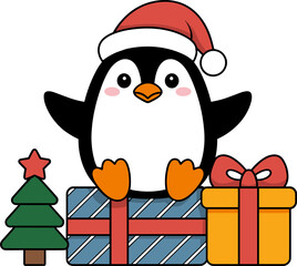 Cute penguin with Santa hat celebrating Christmas with presents and Christmas tree