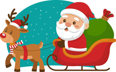 Delightful Santa Claus riding in his sleigh with a cute reindeer during Christmas time