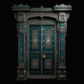 Door Design Indian and Arabic Style Green Door Simple Black Background Color Created with Generative AI Technology