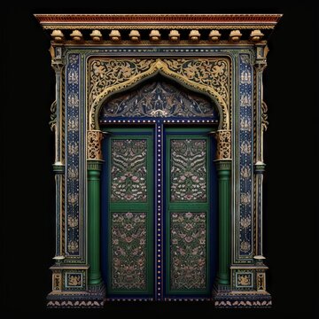 Door Design Indian and Arabic Style Green Door Simple Black Background Color Created with Generative AI Technology