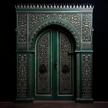 Door Design Indian and Arabic Style Green Door Simple Black Background Color Created with Generative AI Technology