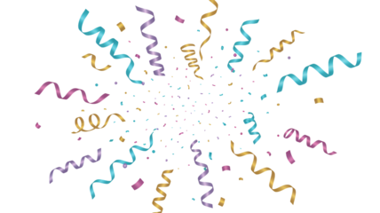 Celebrate with vibrant, swirling confetti and streamers bursting with festive joy for your special event or product launch, creating an instant party atmosphere.