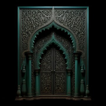 Door Design Indian and Arabic Style Green Door Simple Black Background Color Created with Generative AI Technology