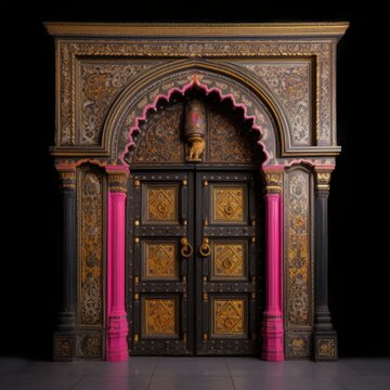 Door Design Indian and Arabic Style Pink Golden Yellow Black Background Color LED Wall VJ Created with Generative AI Technology