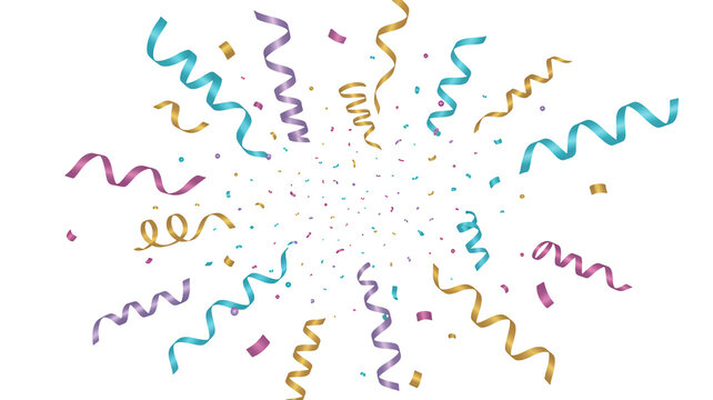 Celebrate with vibrant, swirling confetti and streamers bursting with festive joy for your special event or product launch, creating an instant party atmosphere.