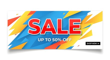 Energetic “SALE” banner with bold red text, vibrant jagged shapes in blue, yellow, and orange, and a clear “UP TO 50% OFF” callout — perfect for dynamic, attention-grabbing promotions.