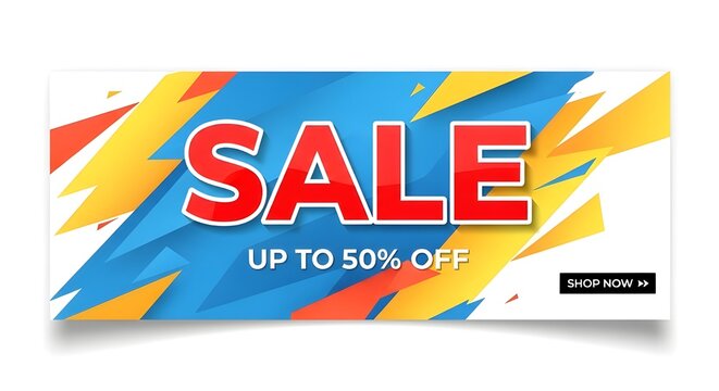 Energetic “SALE” banner with bold red text, vibrant jagged shapes in blue, yellow, and orange, and a clear “UP TO 50% OFF” callout — perfect for dynamic, attention-grabbing promotions.