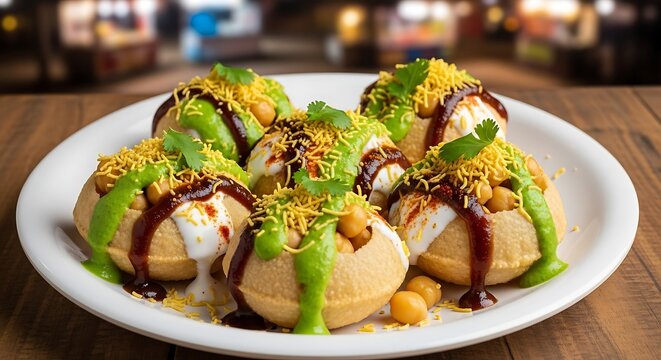 Delicious Indian street food chaat with multiple toppings.
