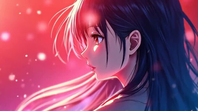 Close-up of Beautiful Anime Girl with Dark Hair and Red Eyes