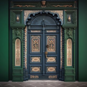 Door Design Indian and Arabic Style Green Door Simple Background Color Created with Generative AI Technology