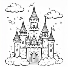 Obraz premium Fantasy castle with towers and clouds, magical doodle style