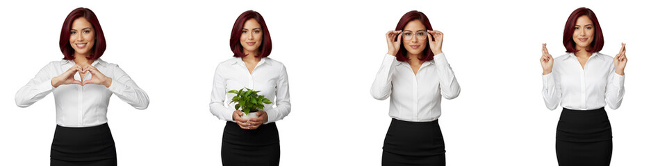Four cutouts, secretaries in professional attire, isolated on transparent background. Gestures include heart hands, plant, glasses, crossed fingers for themes like welcome,