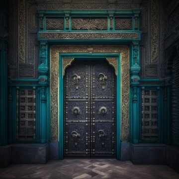 Door Design Indian and Arabic Style Green Door Simple Background Color Created with Generative AI Technology