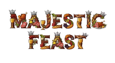 Illustration majestic feast lettering with food crown elements cartoon style design