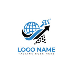Dynamic global logo design with arrow, globe, and digital elements, perfect for technology, business, and innovation brands