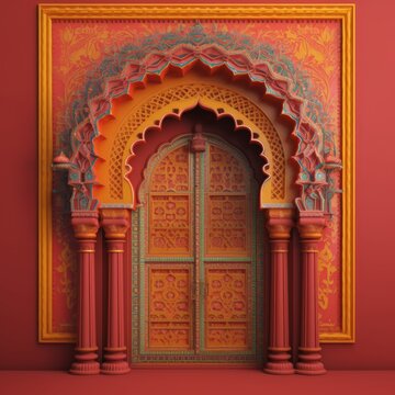 Door Design Indian and Arabic Style Red Yellow Golden Color LED Wall VJ Created with Generative AI Technology	