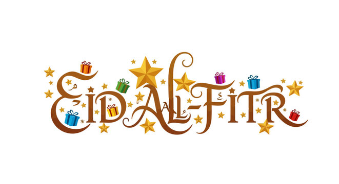 Decorative eid al-fitr text with golden stars and gift boxes